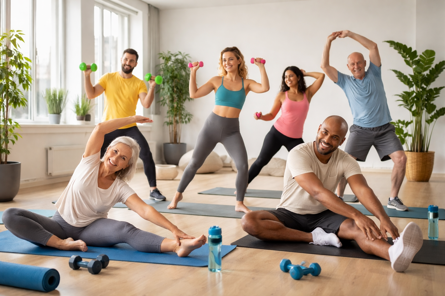 Diverse group of people doing various exercises - yoga, stretching, light weights, dancing - in a bright modern fitness studio, inclusive fitness concept, natural lighting